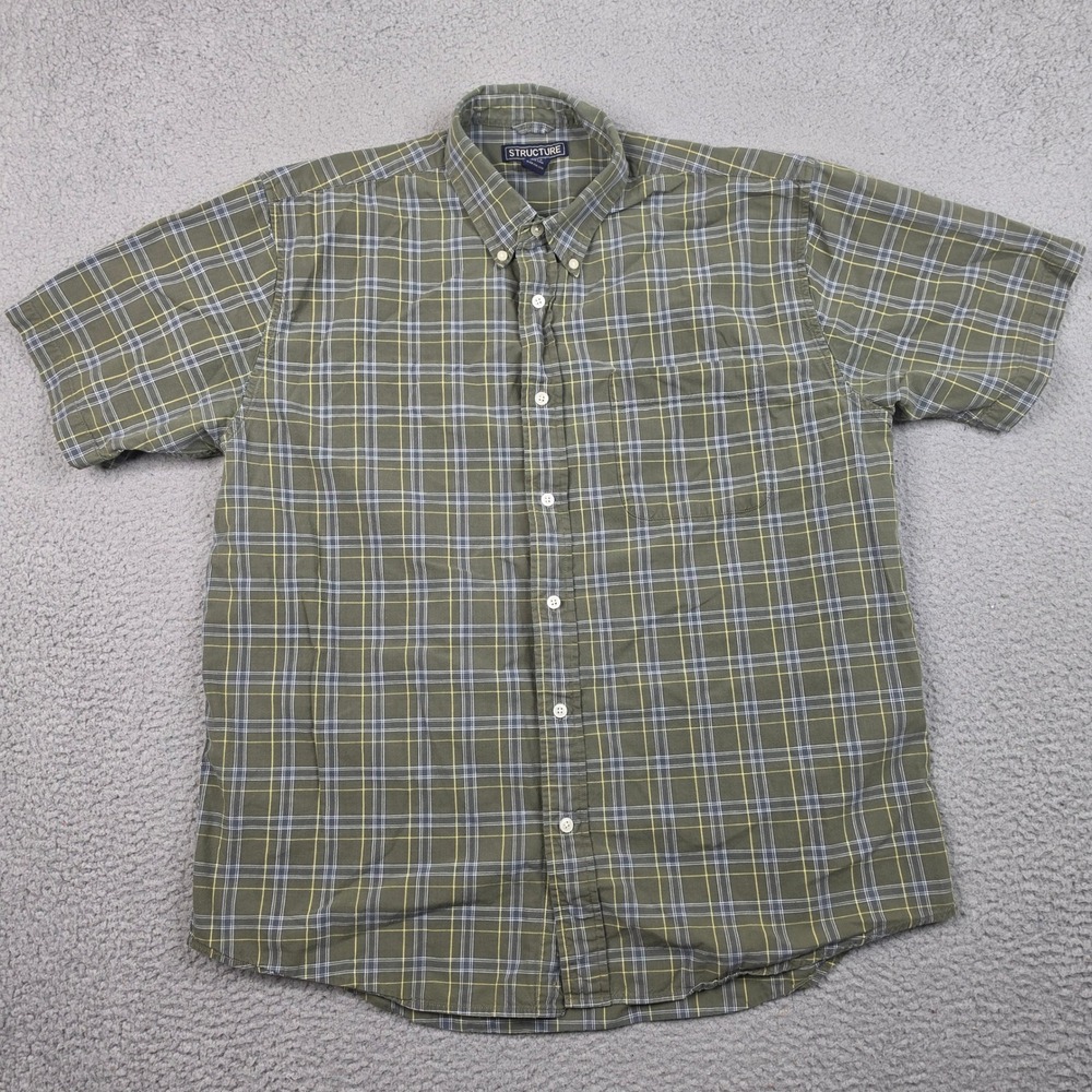 Vintage Structure Shirt Mens XL Green Plaid Short Sleeve Button Down Cotton